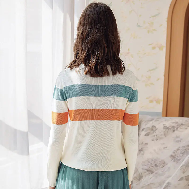 Cartoon Cat Striped Knit Pullover Sweater Cream Blue Orange - Image 7