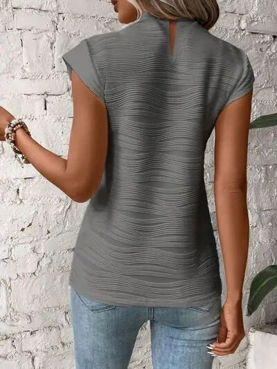 White Textured Wave Pattern Cap Sleeve Top - Image 46