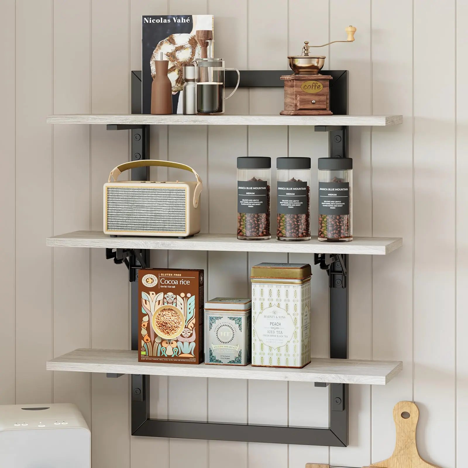 Bestier Floating Shelves for Wall 24 inch Kitchen Shelves Wall Mounted 3 Tier Coffee Bar Shelf with Foldable Brackets Industrial Display Shelf for Bathroom Living Room Retro Grey