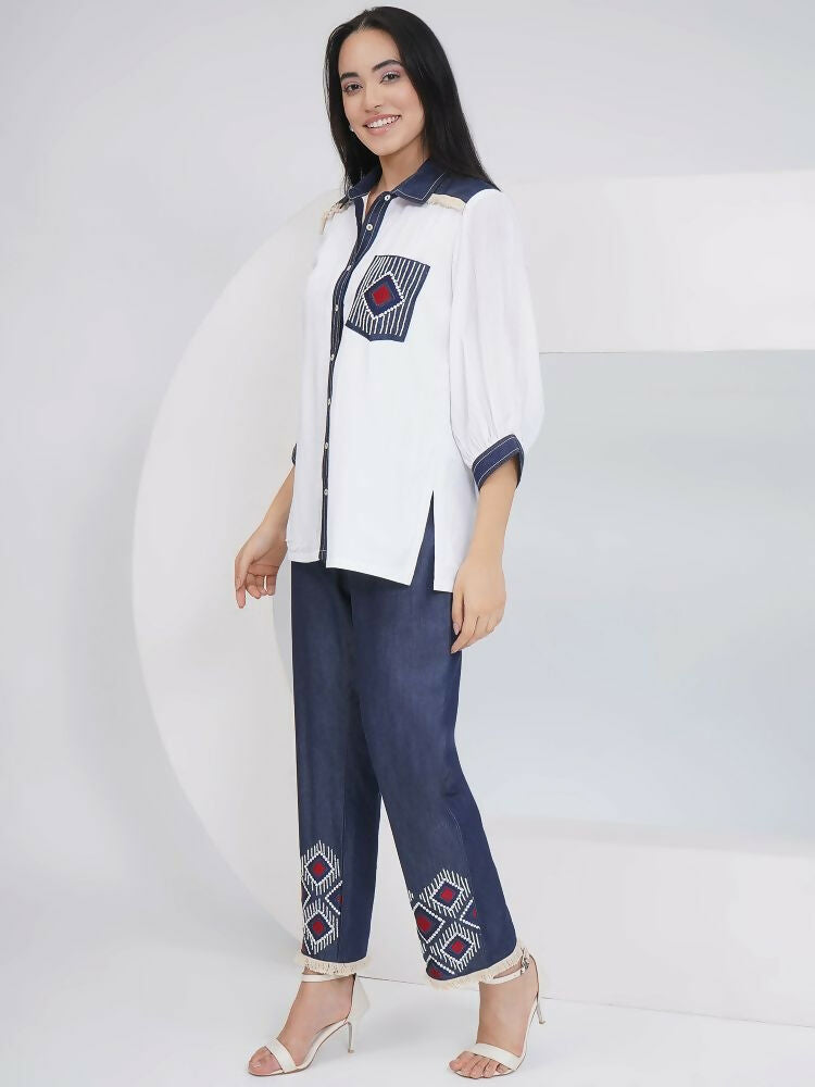 White Rayon Crepe Hand-Embellished Shirt and Embellished Pants Set