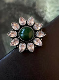 Green Monalisa stone brass adjustable ring showing intricate craftsmanship and vibrant color