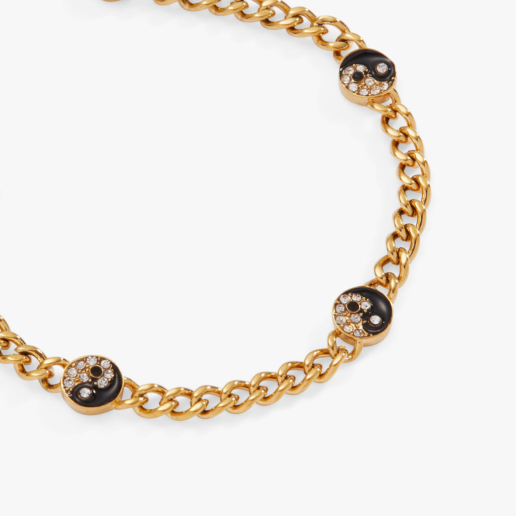 Gold Yin Yang Curb Chain Bracelet with Crystal and Enamel Charms