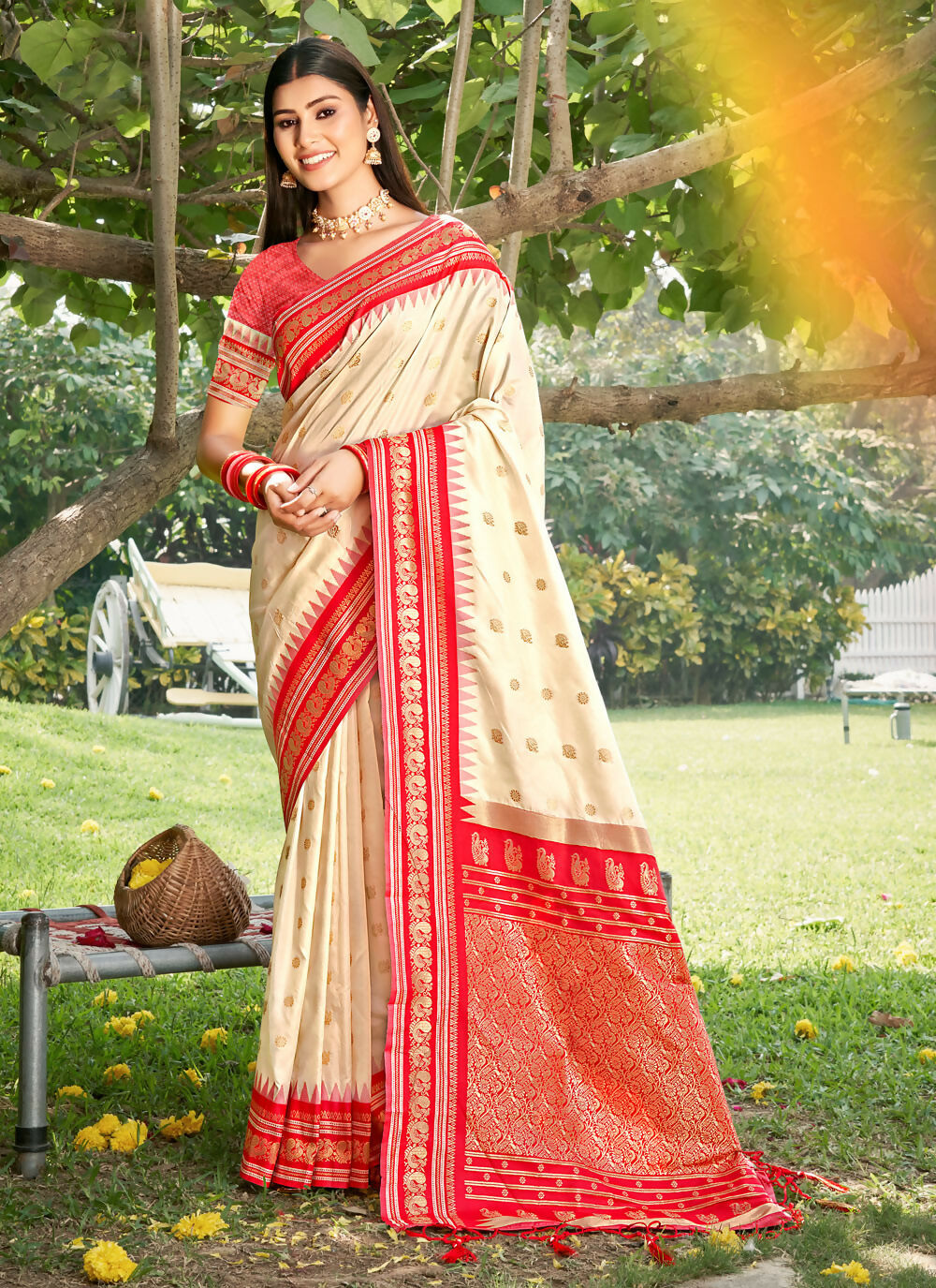Beautiful cream soft silk saree with matching blouse piece in a clean, minimalist style.