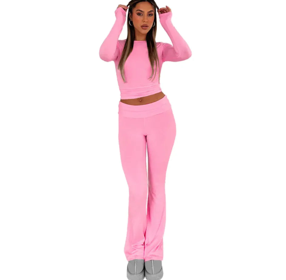 Women's High Waist Flare Leggings Long Sleeve Two Piece Set - Image 8