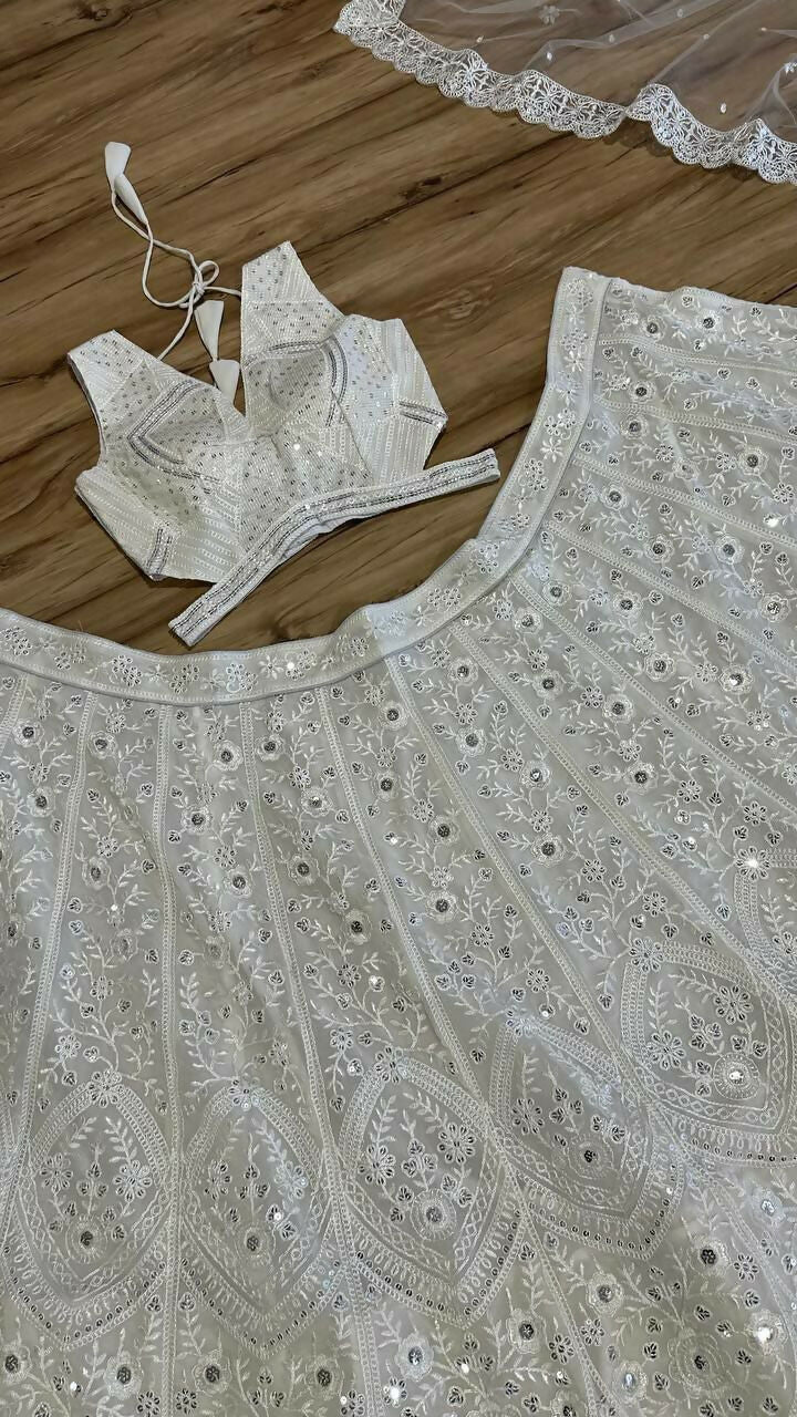 Off White Georgette Sequins Embroidered Designer Lehenga Set