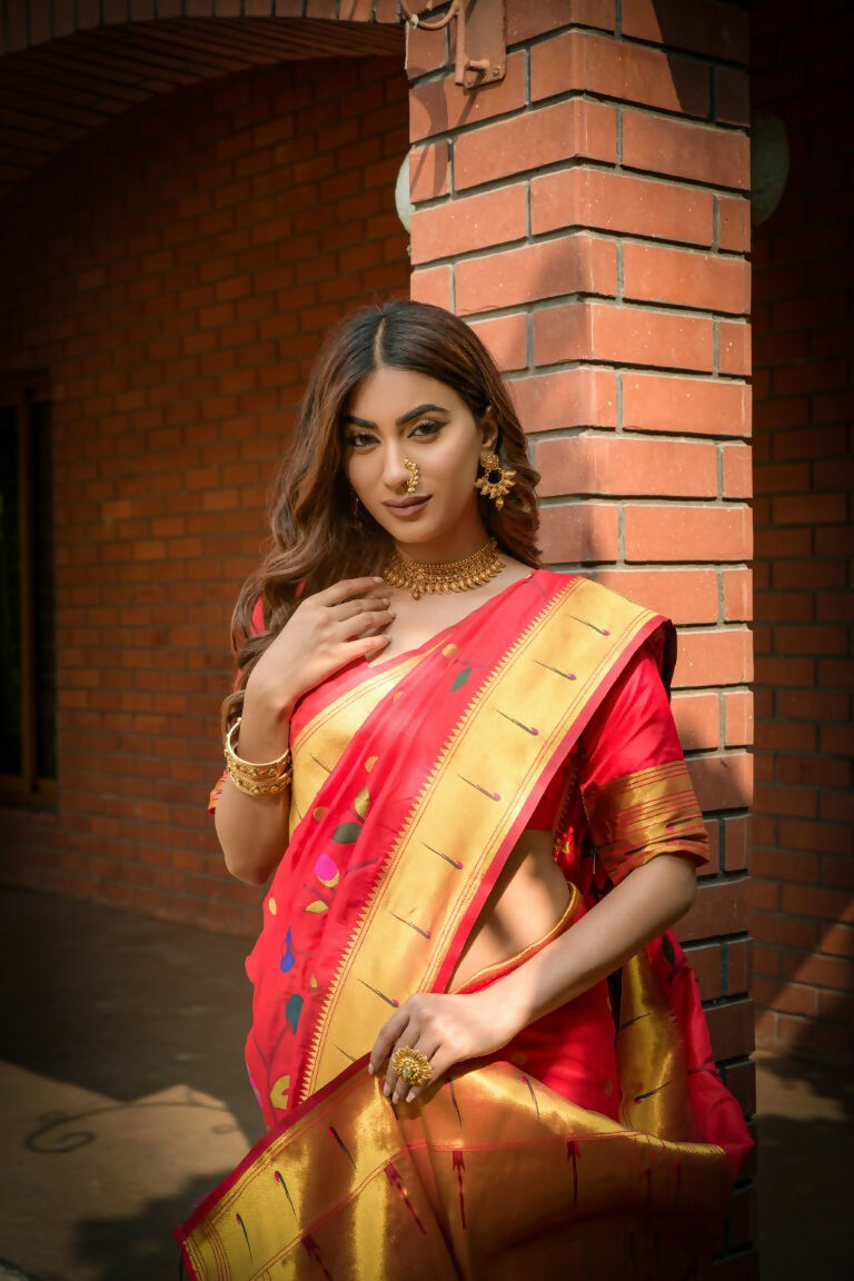 Gajri Red Paithani Silk Saree with Zari Woven Detailing