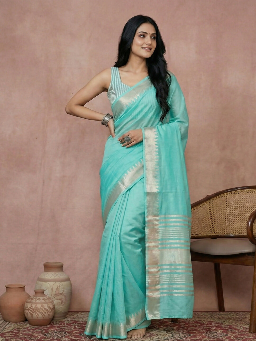 Turquoise Cotton Saree with Matching Blouse Fabric