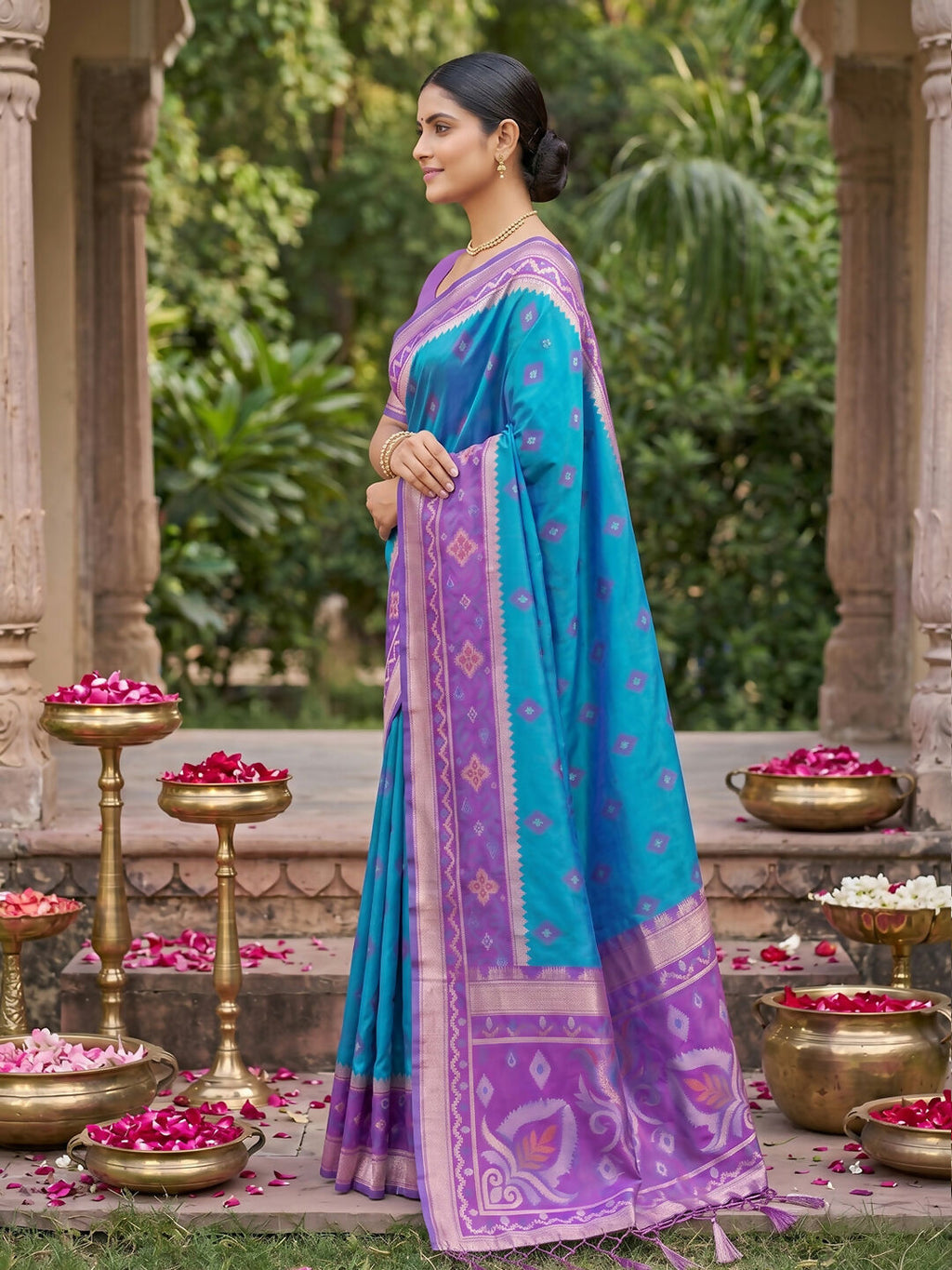Rama Blue Soft Silk Saree with Matching Silk Blouse Piece