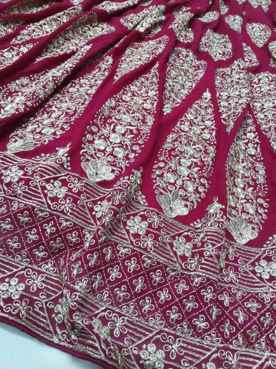 Cherry Red Faux Georgette Jari Embroidered Lehenga Choli Set