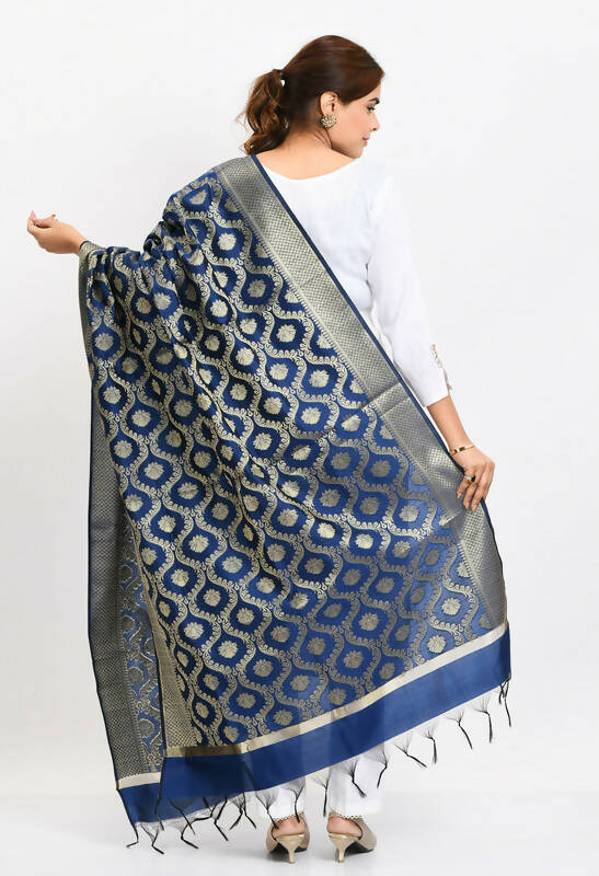 Women's Banarsi Silk All Over Woven Design Navy Blue Dupatta