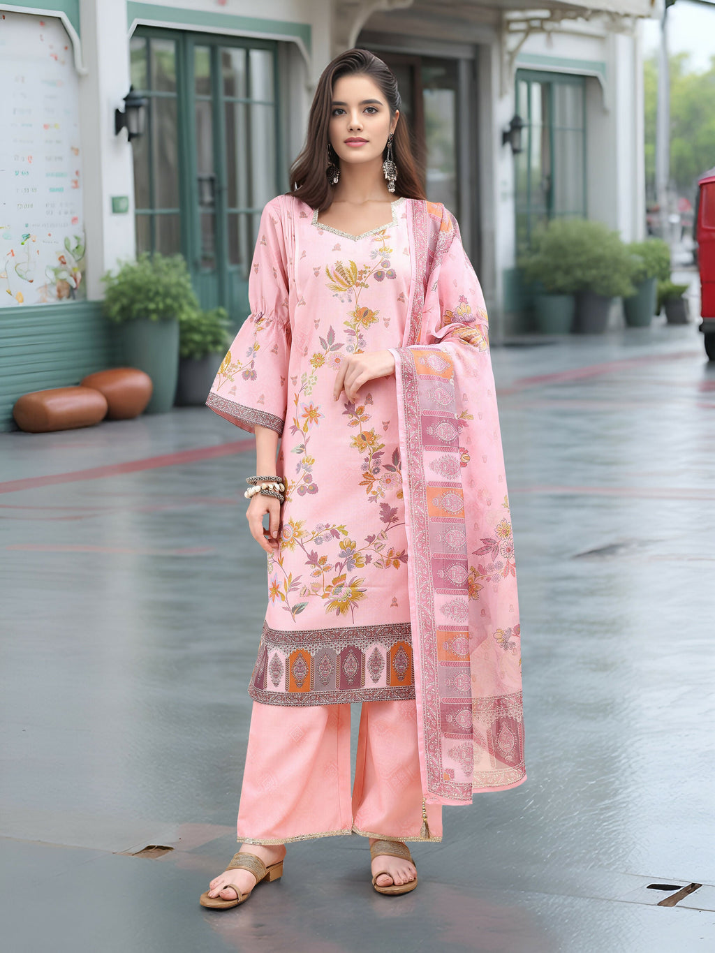 Close up of pink linen kurta featuring digital print and foil detailing