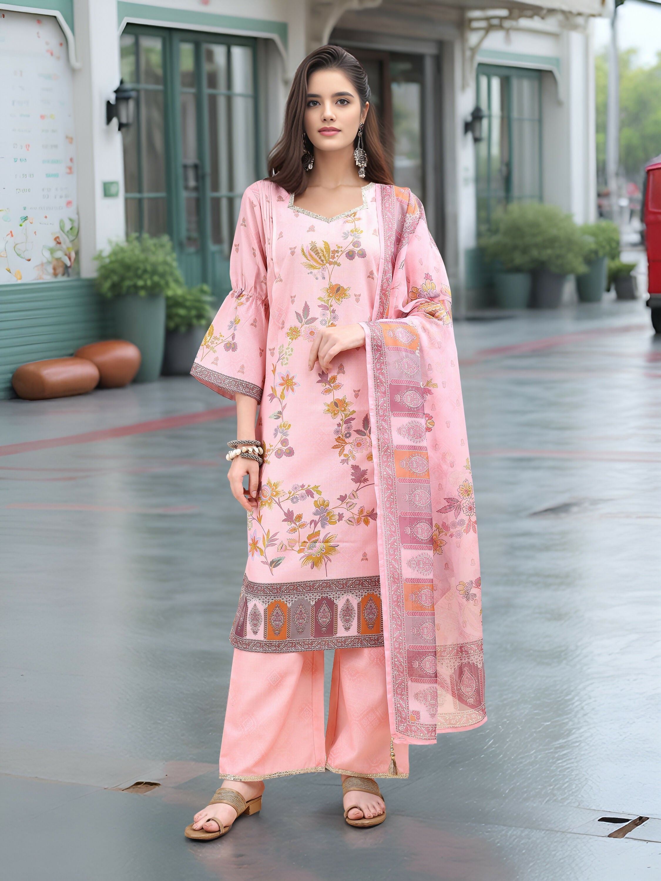 Close up of pink linen kurta featuring digital print and foil detailing