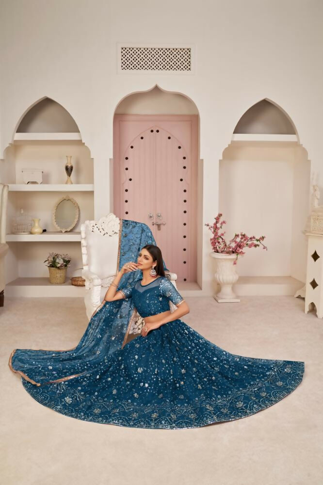 Peach Butterfly Net Lehenga Choli with Zari and Thread Embroidery