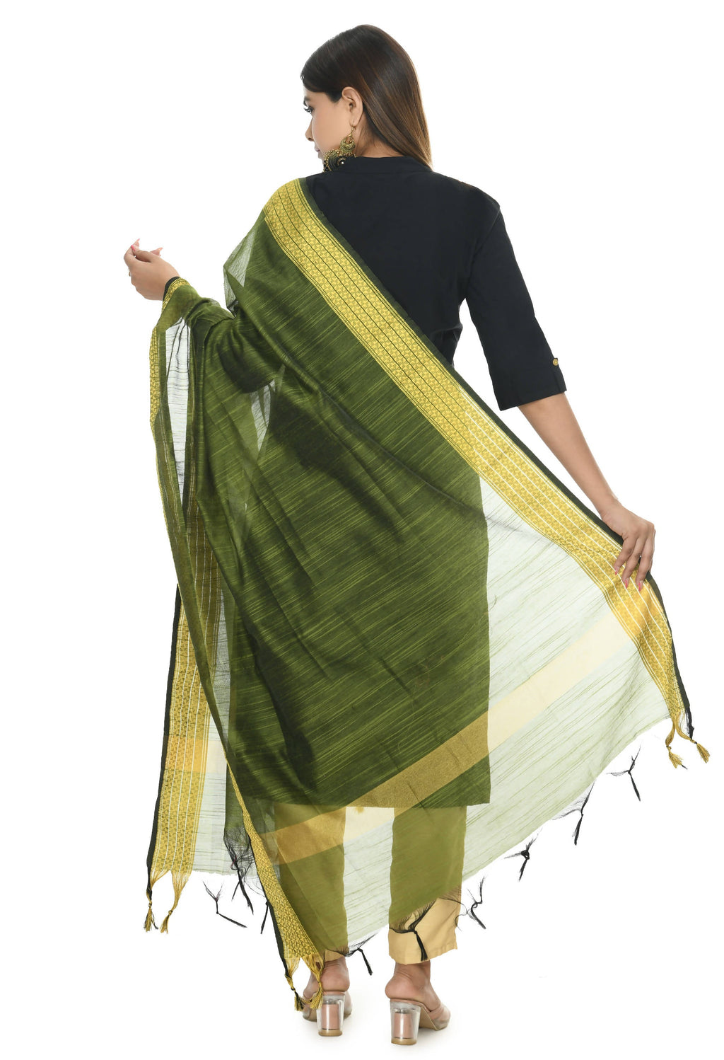 Mehndi Green Handloom Cotton Dupatta - Lightweight Ethnic Accessory