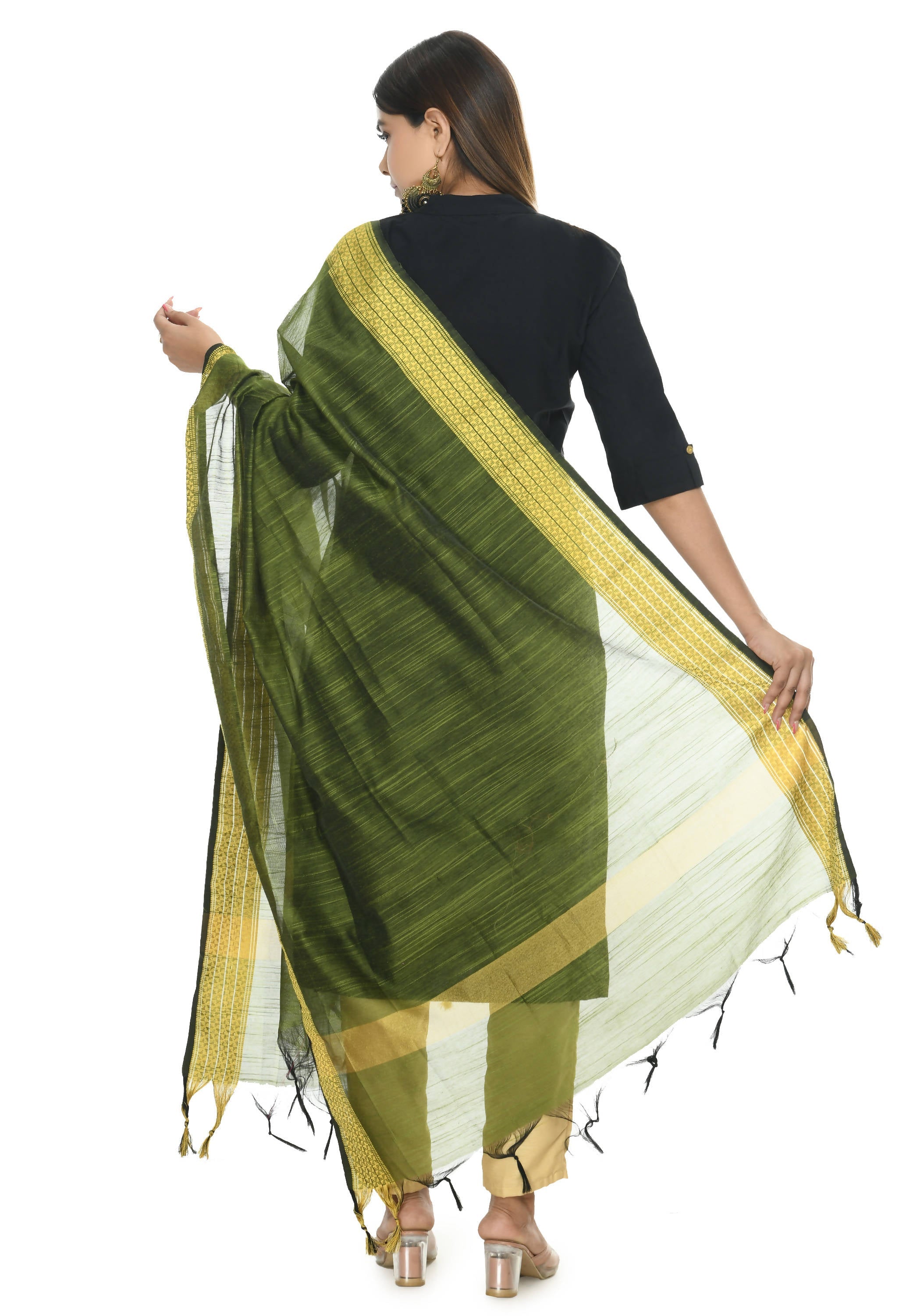 Mehndi Green Handloom Cotton Dupatta - Lightweight Ethnic Accessory