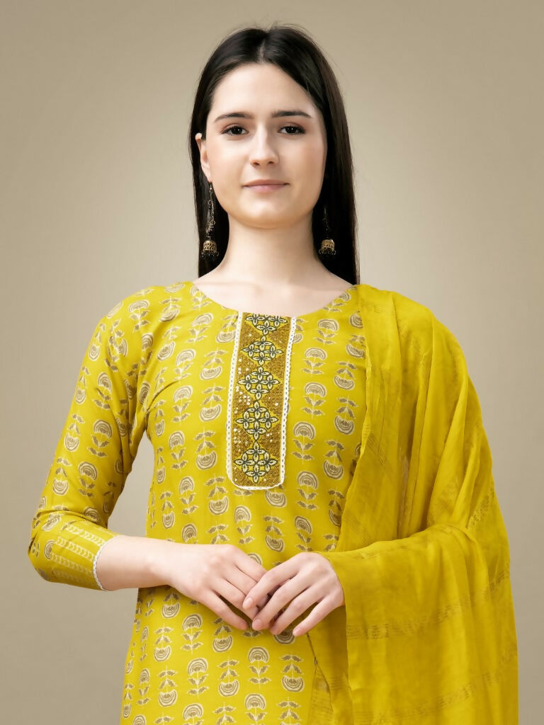 Yellow Rayon Straight Kurta Set with Embroidery and Sequence Work