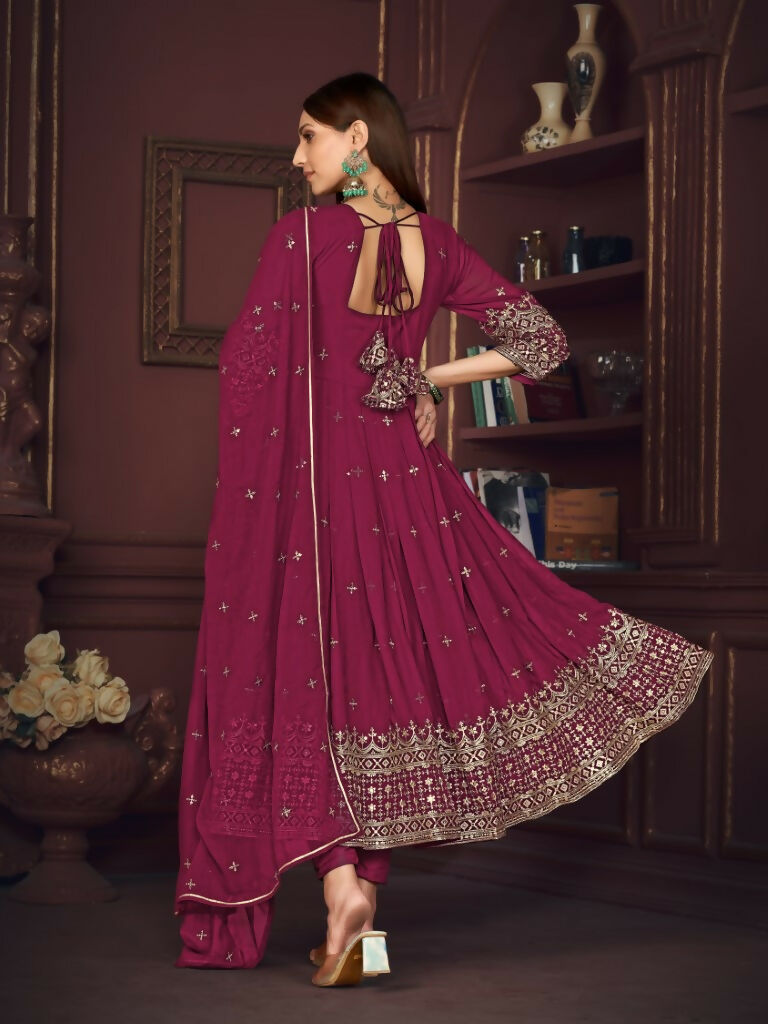 Rani Pink Georgette Embroidered Anarkali Kurta Pant Set & Dupatta