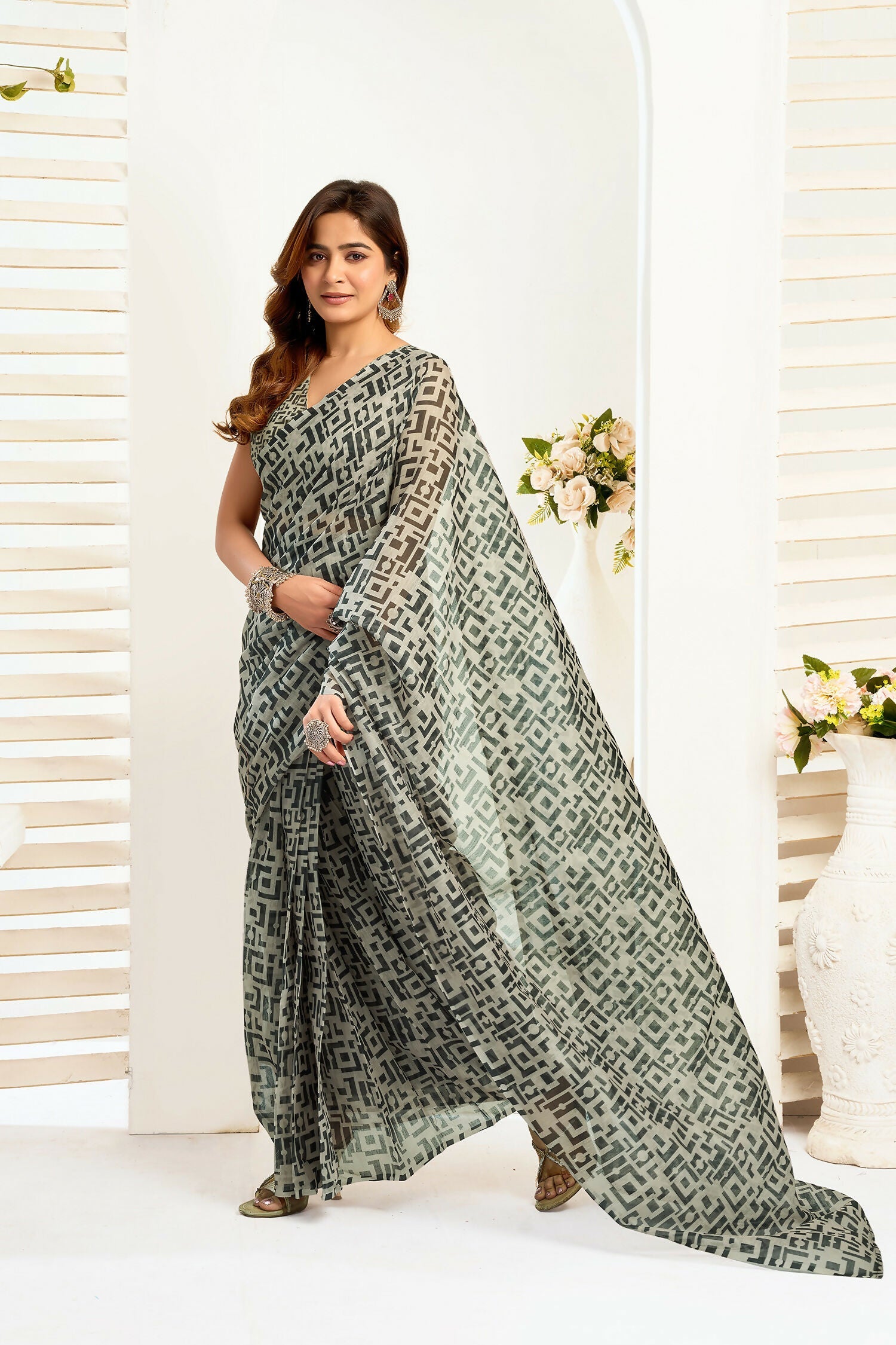 Grey geometric color block linen ready-to-wear saree with matching unstitched blouse