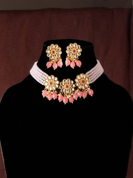 Elegant gold-polished necklace set with pink beads and white pearls for festive wear