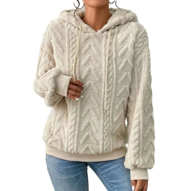 Women's Plush Textured Pullover Hoodie with Drawstring - Image 14