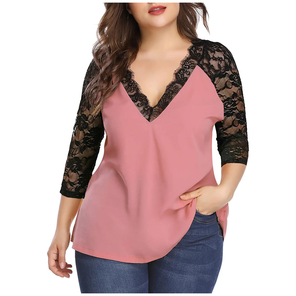 Women's V-Neck Lace Patchwork Blouse with Three-Quarter Sleeves - Image 2