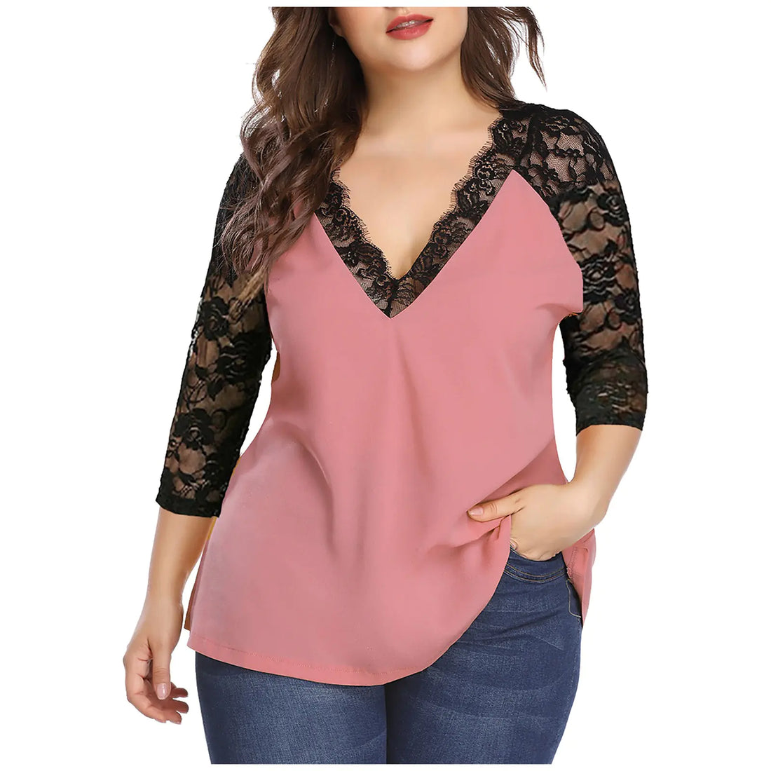 Women's V-Neck Lace Patchwork Blouse with Three-Quarter Sleeves - Image 2