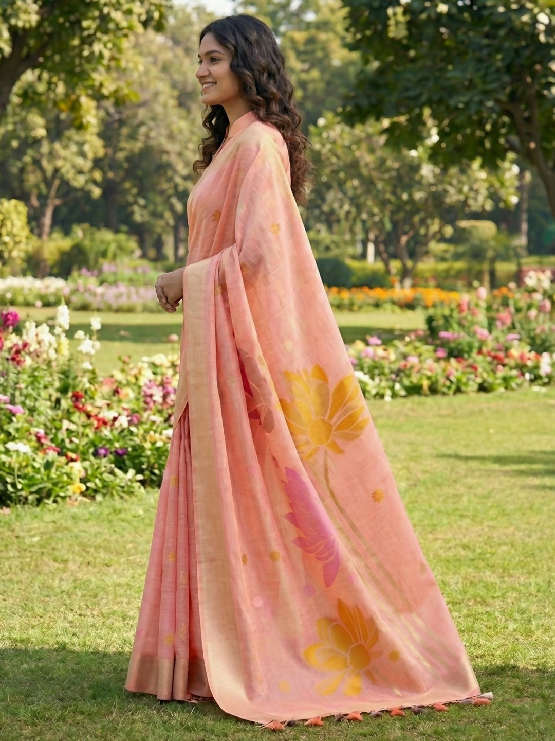 Peach Linen Cotton Saree with Matching Blouse Piece