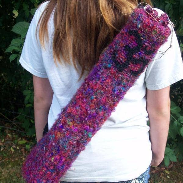 Colorful handmade yoga mat bag pattern for knit and crochet projects