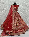 Classic red velvet wedding lehenga with zircon diamonds and can-can skirt