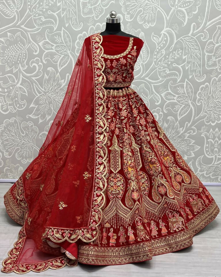 Classic red velvet wedding lehenga with zircon diamonds and can-can skirt