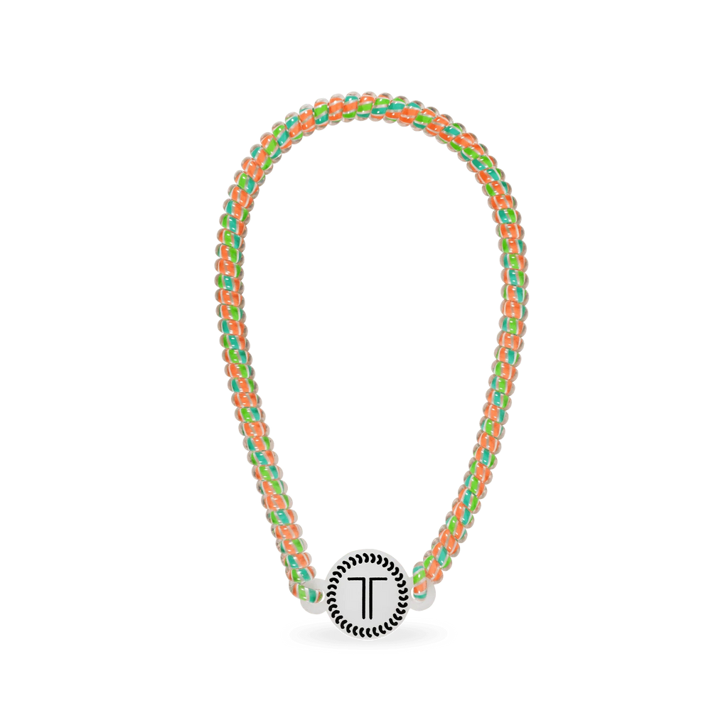 Neon orange, green, and blue striped spiral headband