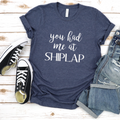 Heather navy unisex t-shirt with the text You Had Me At Shiplap in white print