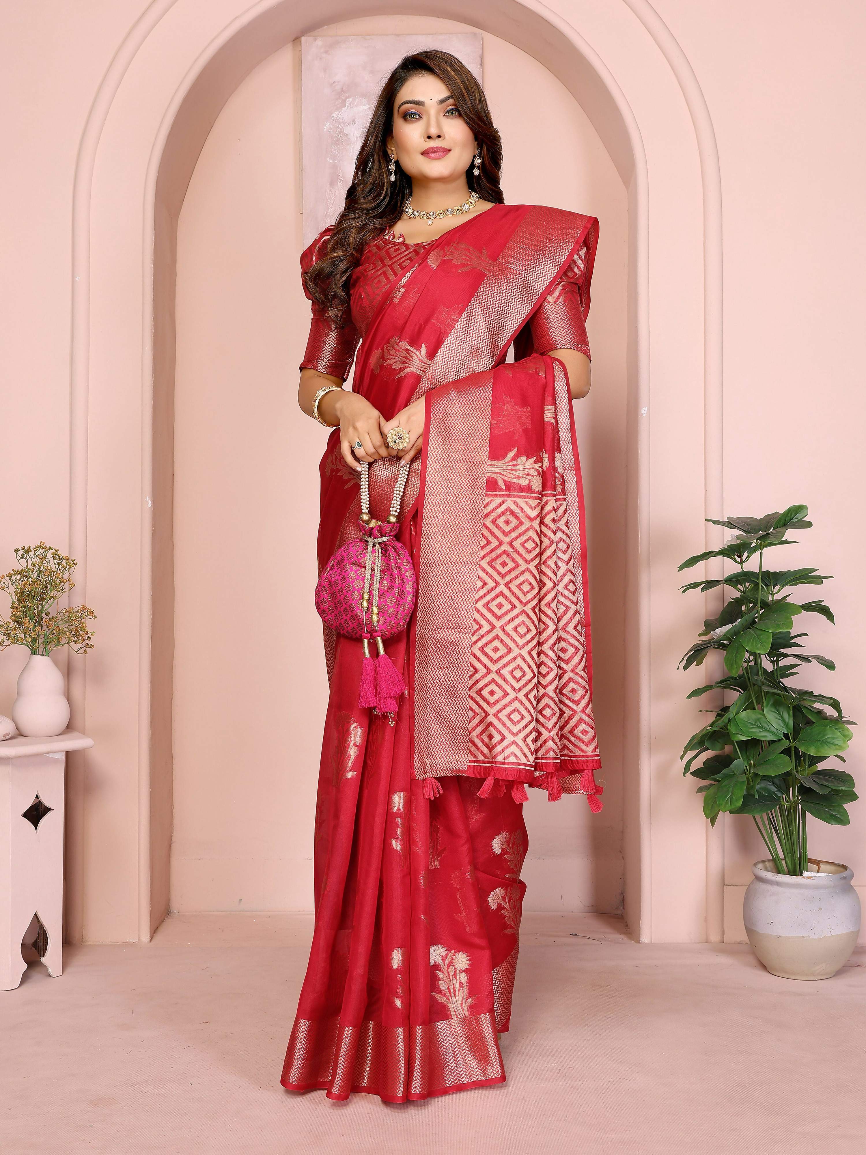 Red Soft Organza Silk Saree with Elegant Weaving Details
