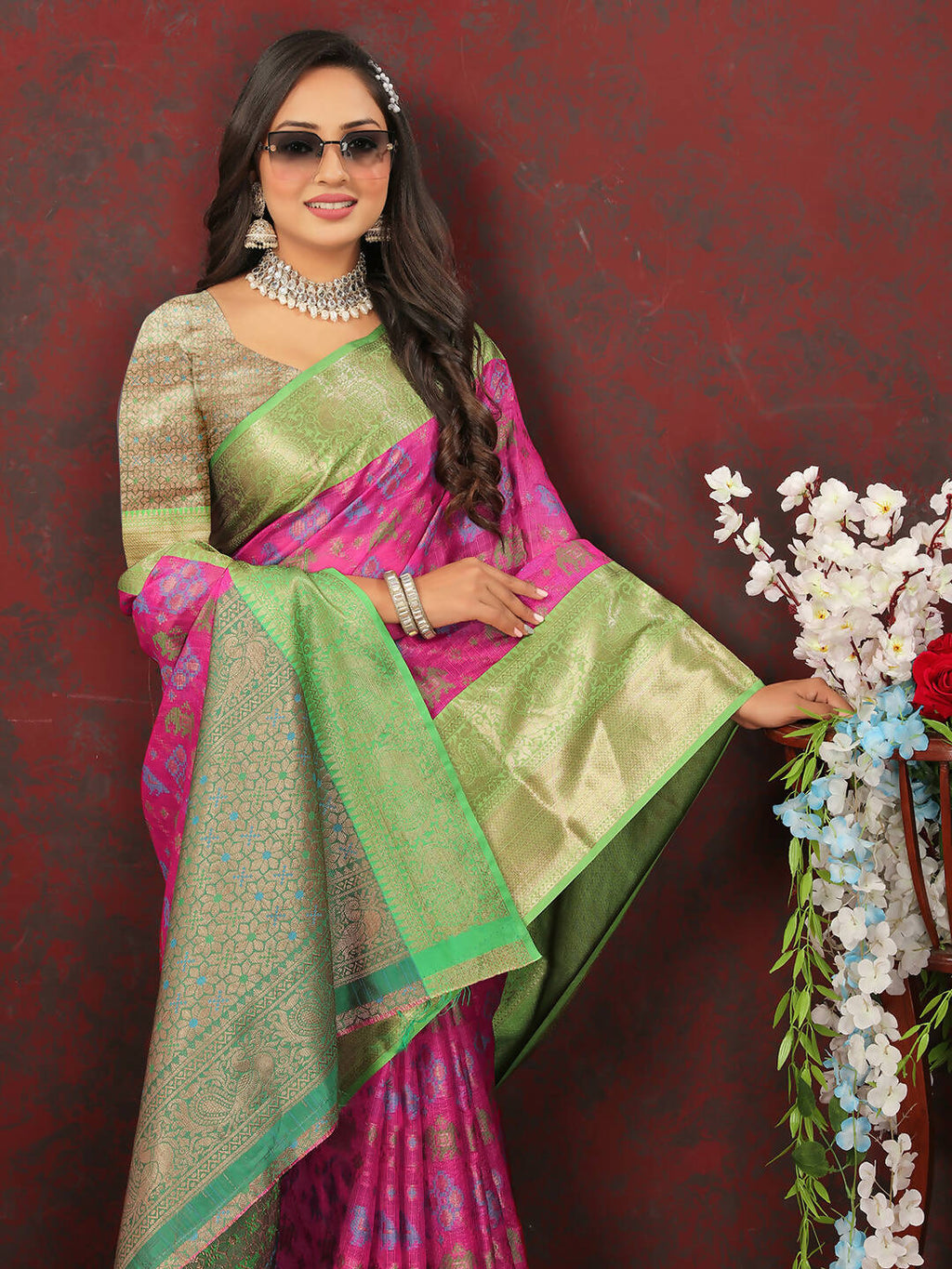 Pink Cotton Saree with Zari Meenakari Woven Design
