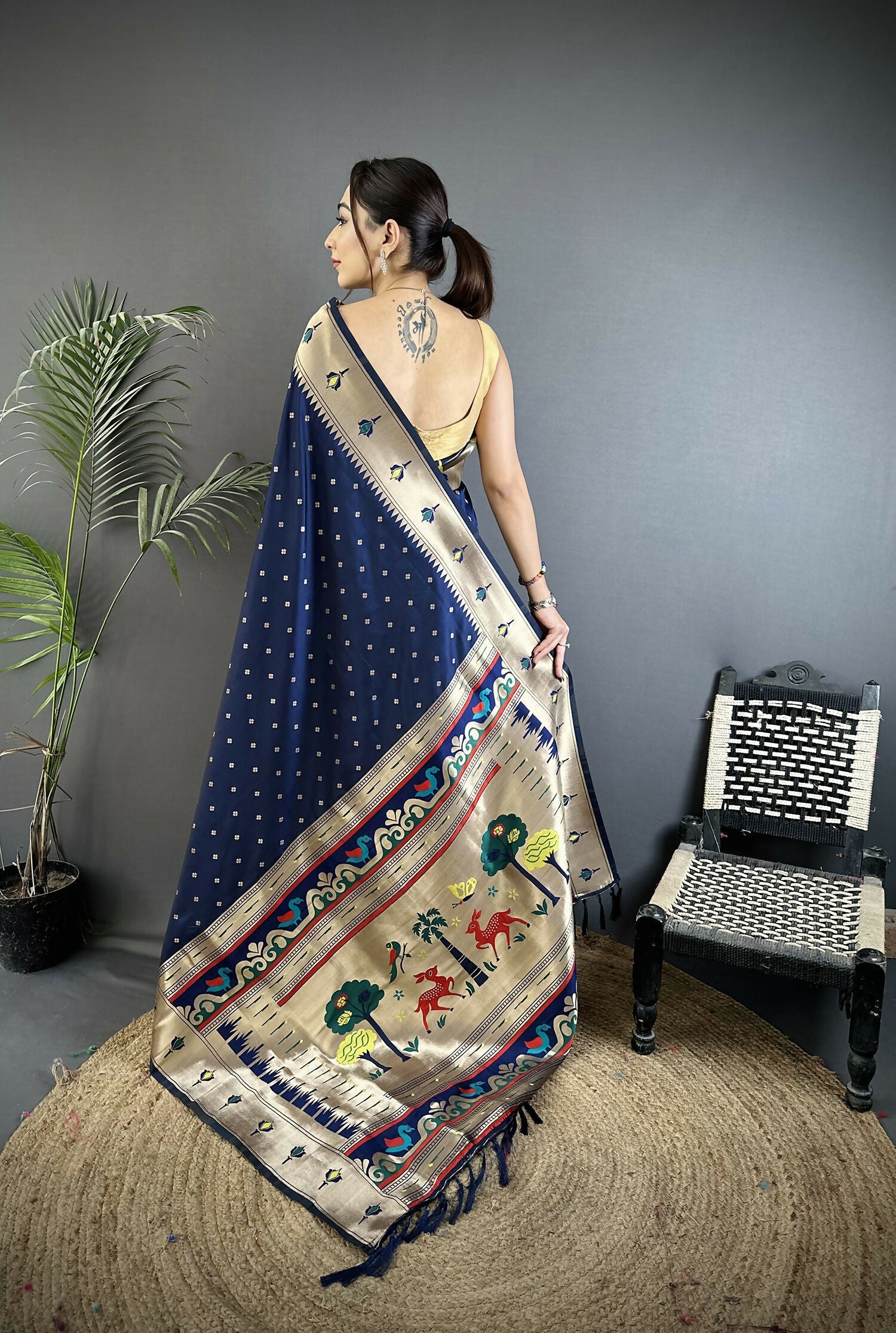 Dark Blue Peacock & Floral Motif Soft Lichi Silk Kanchipuram Saree