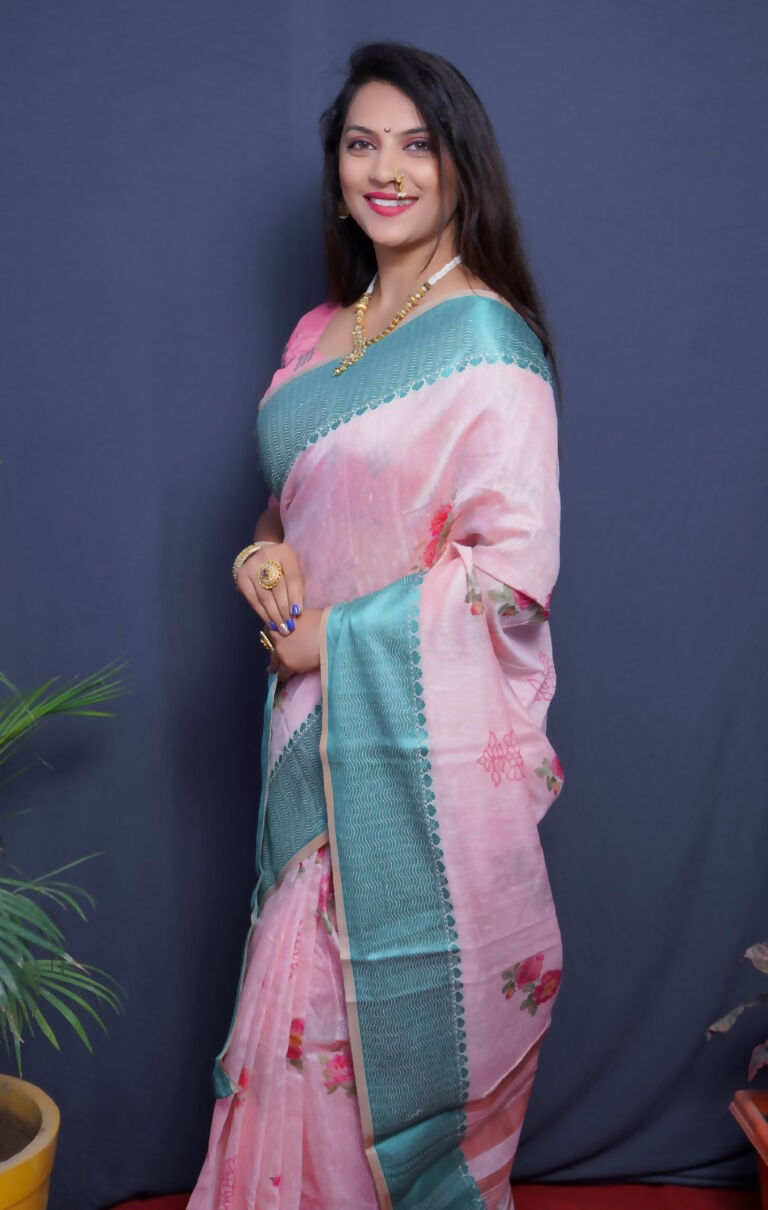 Teal Linen Silk Saree with Digital Print and Jacquard Border