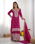 Elegant Pink Silk Kurta Set with intricate sequins, zari, and thread embroidery details.