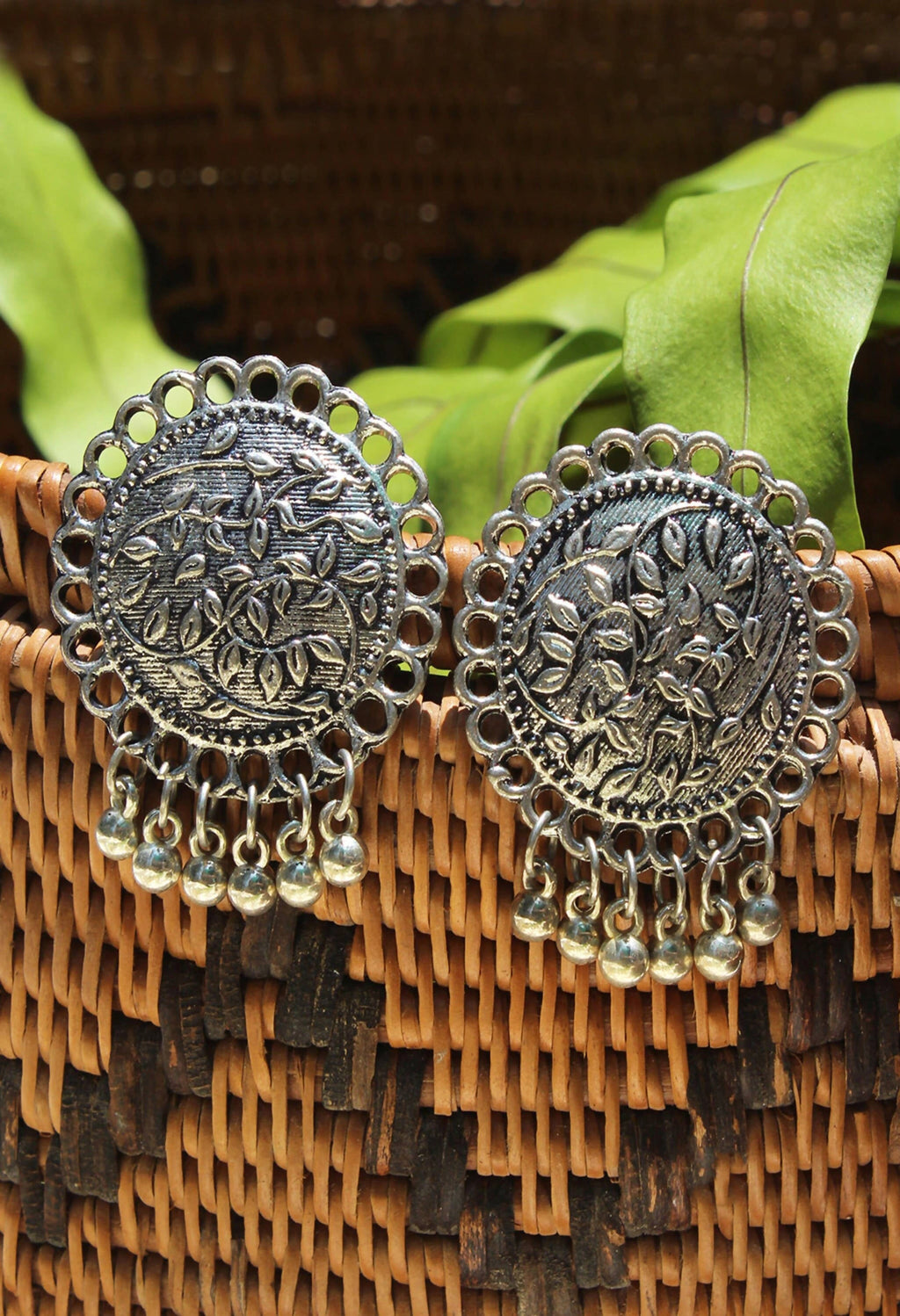 Johar Kamal oxidised silver-plated stud earrings with intricate ethnic detailing