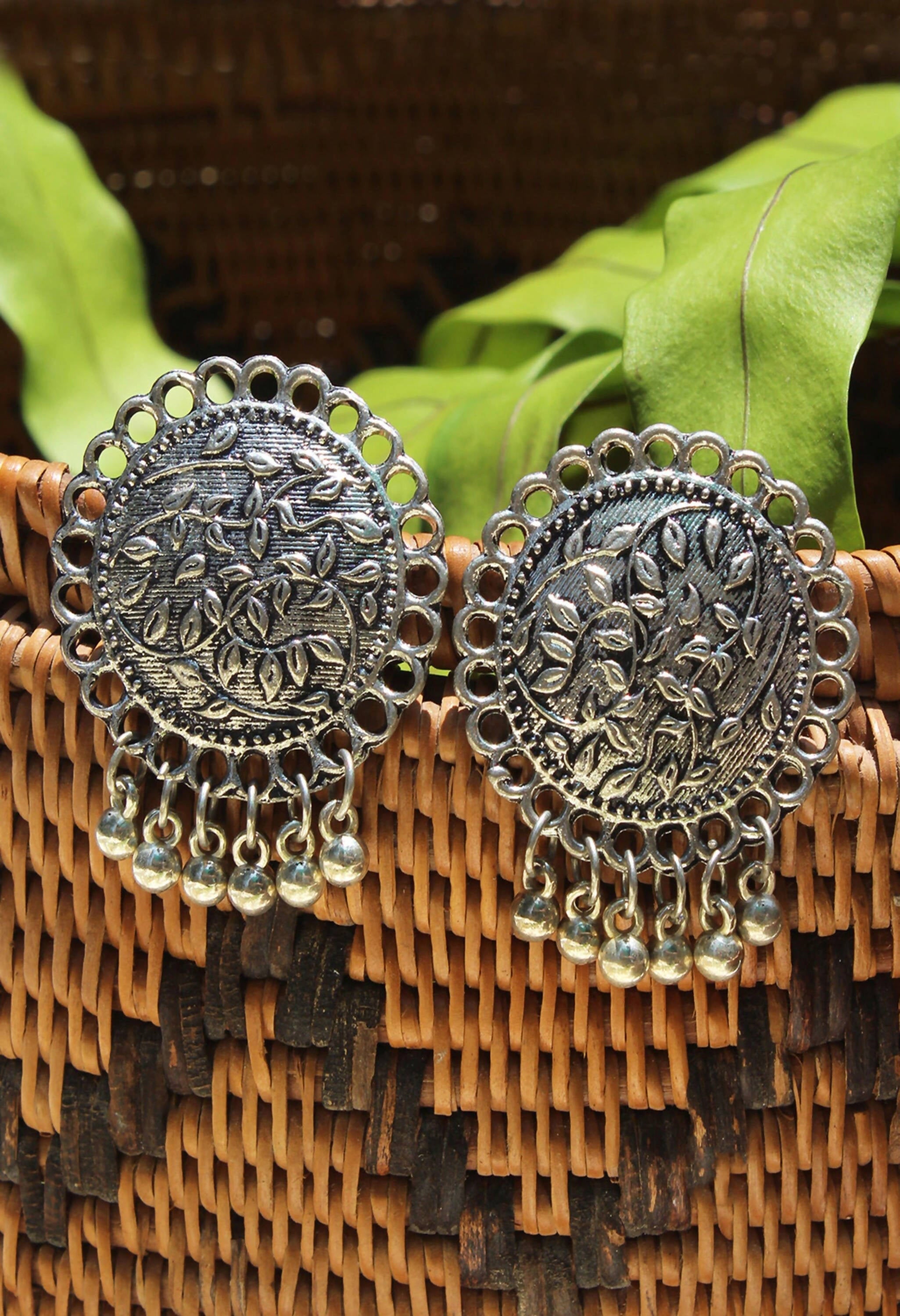 Johar Kamal oxidised silver-plated stud earrings with intricate ethnic detailing