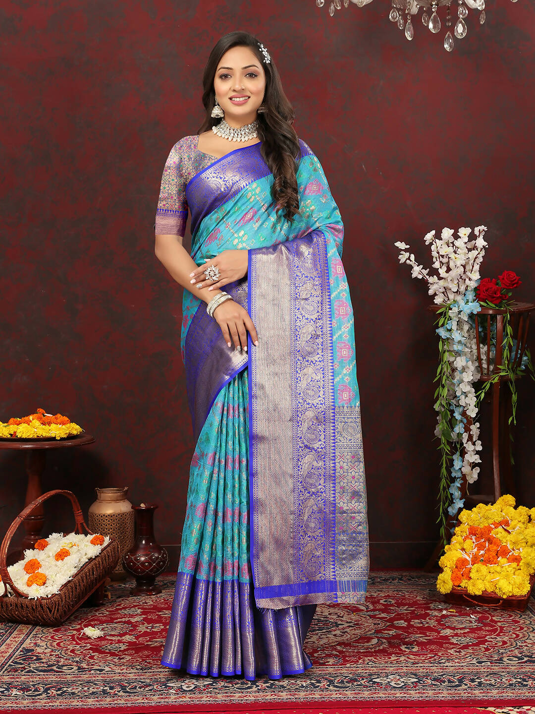 Lorenvalley Fashion Skyblue Cotton Woven Design Zari Meenakari Weaving Saree