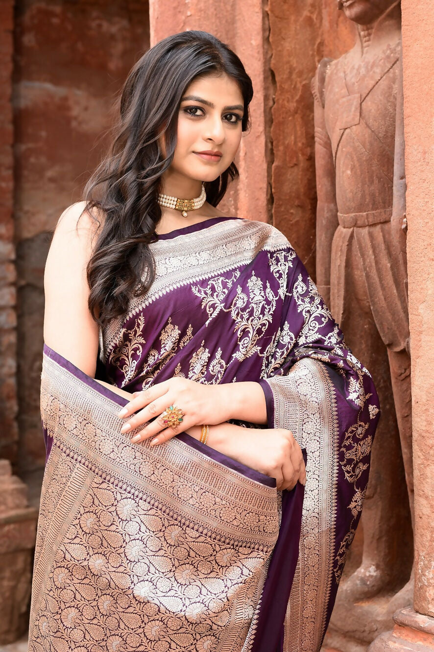 Plum Purple Pure Katan Handloom Banarasi Silk Saree