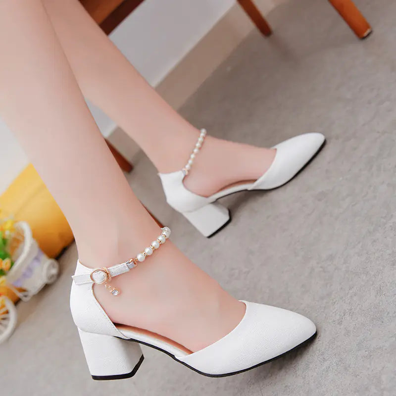 Women's Pearl Ankle Strap Thick Heel Sandals White and Pink - Image 5