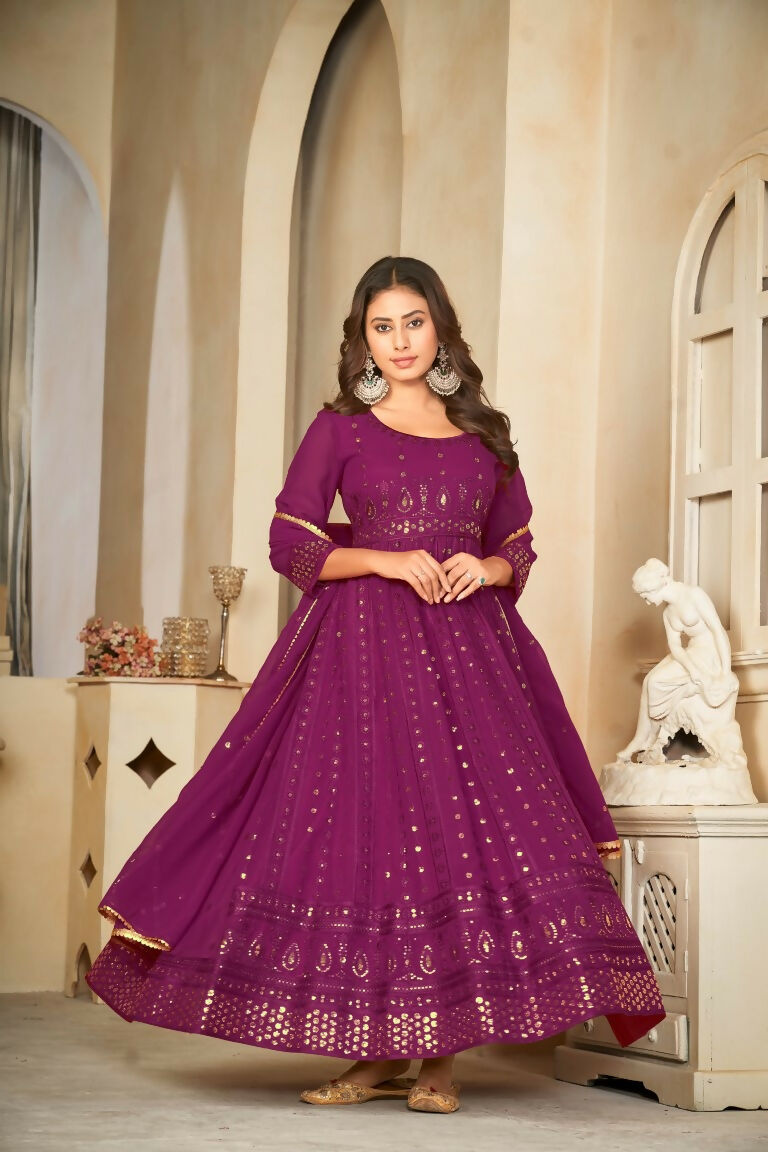 Wine Georgette Embroidered Anarkali Kurta Pant Set with Dupatta
