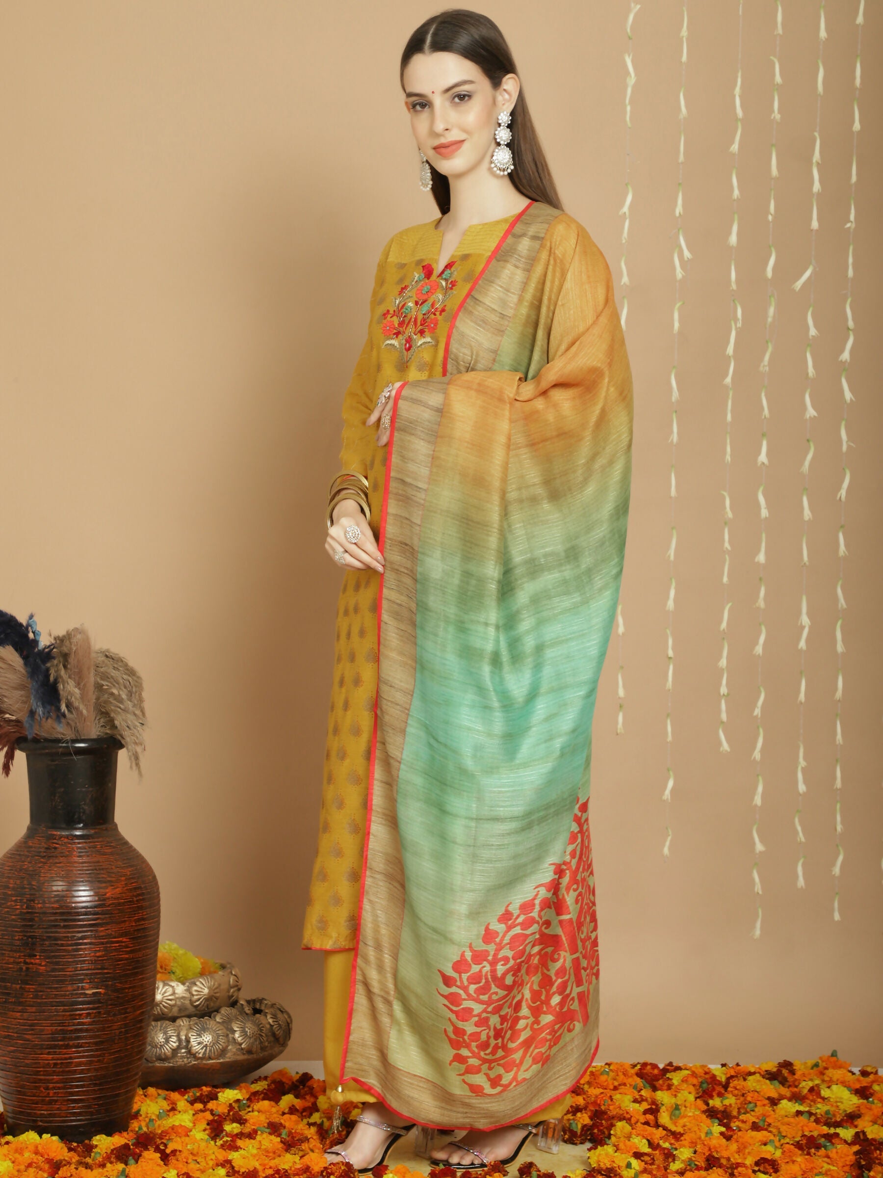 Yellow Chanderi Silk A-Line Kurta Set with Palazzo Pants
