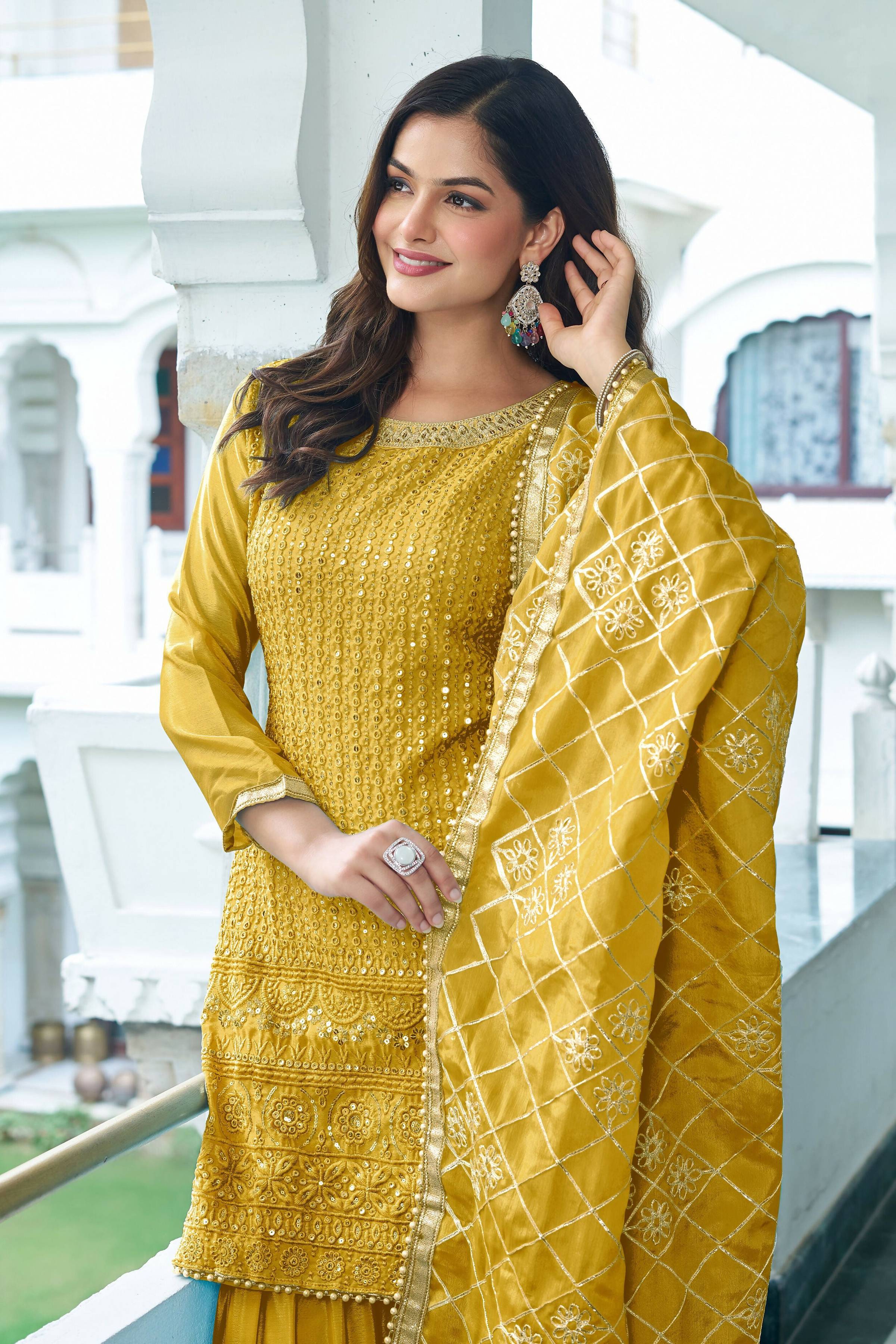 Yellow Chinon Silk Kurta Set with Embroidery and Sequence Work