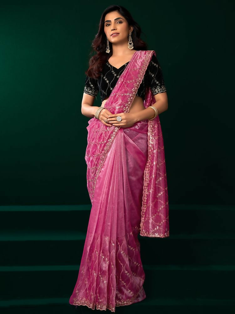 Pink Net Party Wear Saree with Contrast Black Velvet Blouse