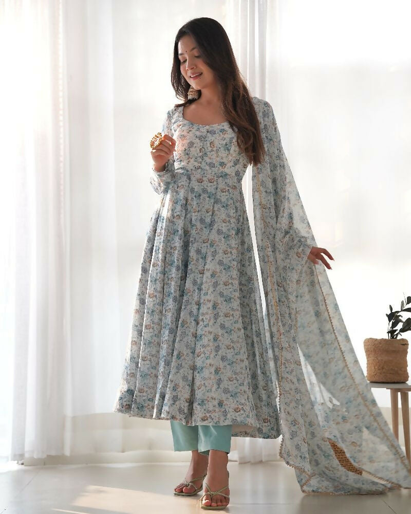 Sky Kurta Set in Organza with Sequin Embroidery and Cotton Bottom