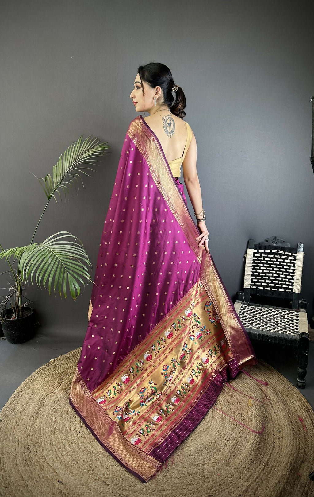 Wine Butti Woven Soft Lichi Silk Paithani Saree with Blouse