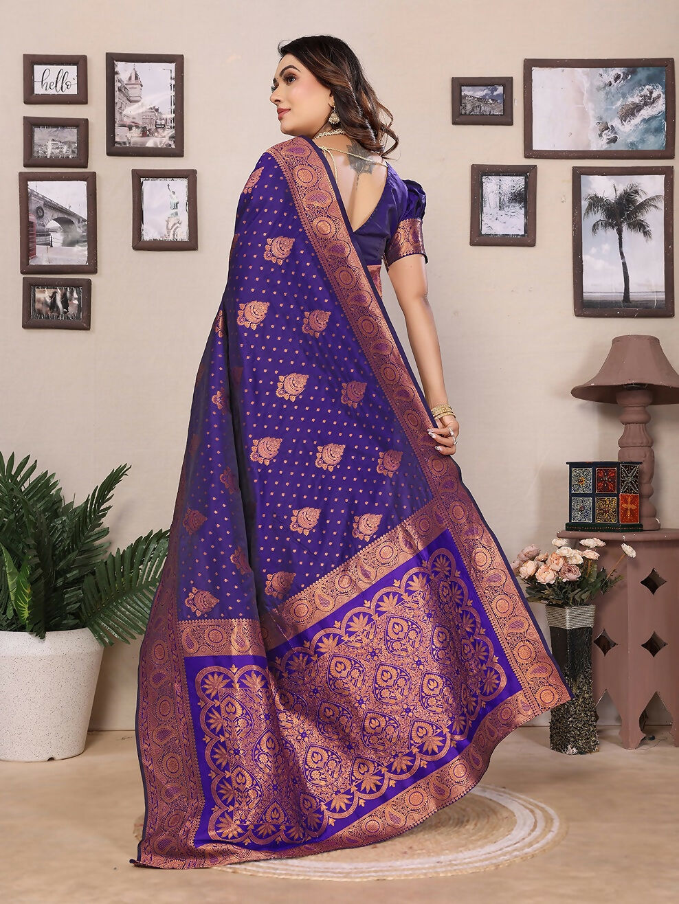 Navy Blue Banarasi Woven Soft Silk Saree with Blouse Piece