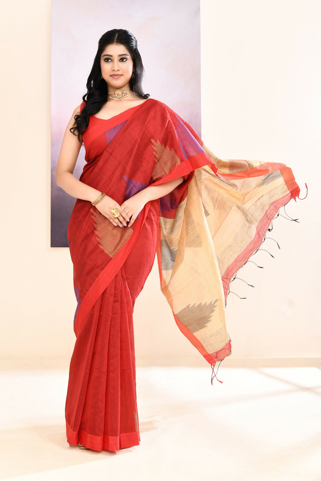 Maroon Temple Border Embellished Cotton Blend Jamdani Saree